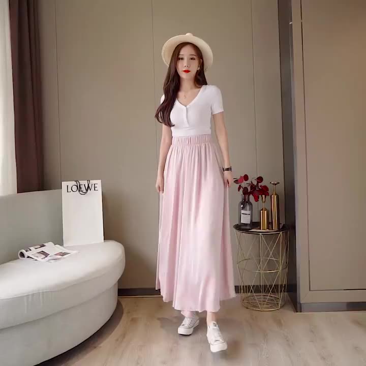 쉬폰 와이드 팬츠 여성용 하이웨스트 여름 은 아이스 실크 드레이프 우아한 퀼로트 루즈핏 캐주얼 9 점 바지 스커트