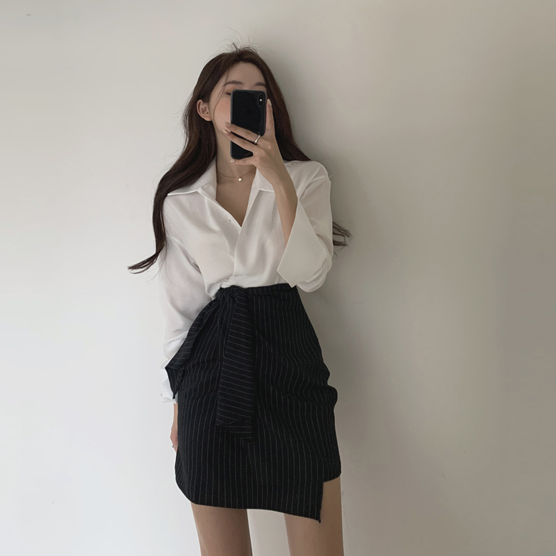 봄 여름 하이웨스트 A라인 스커트 스트라이프 디자인 패키지 힙 여성 드레스는