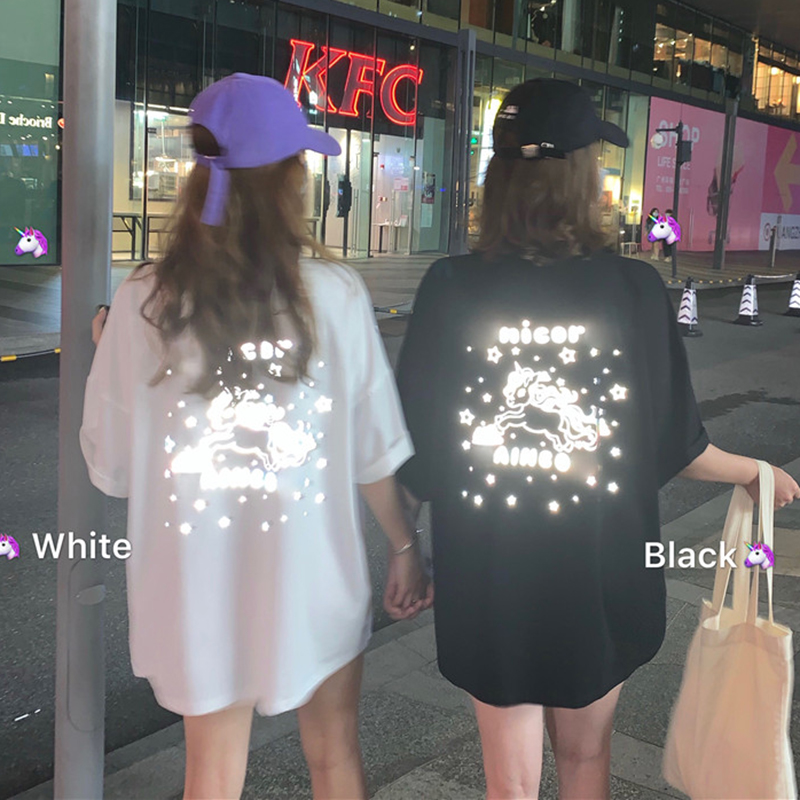 봄 여름 여자 친구 드레스 net red bottoms missing reflective 유니콘 print 반팔 티셔츠 탑 남성과 여성