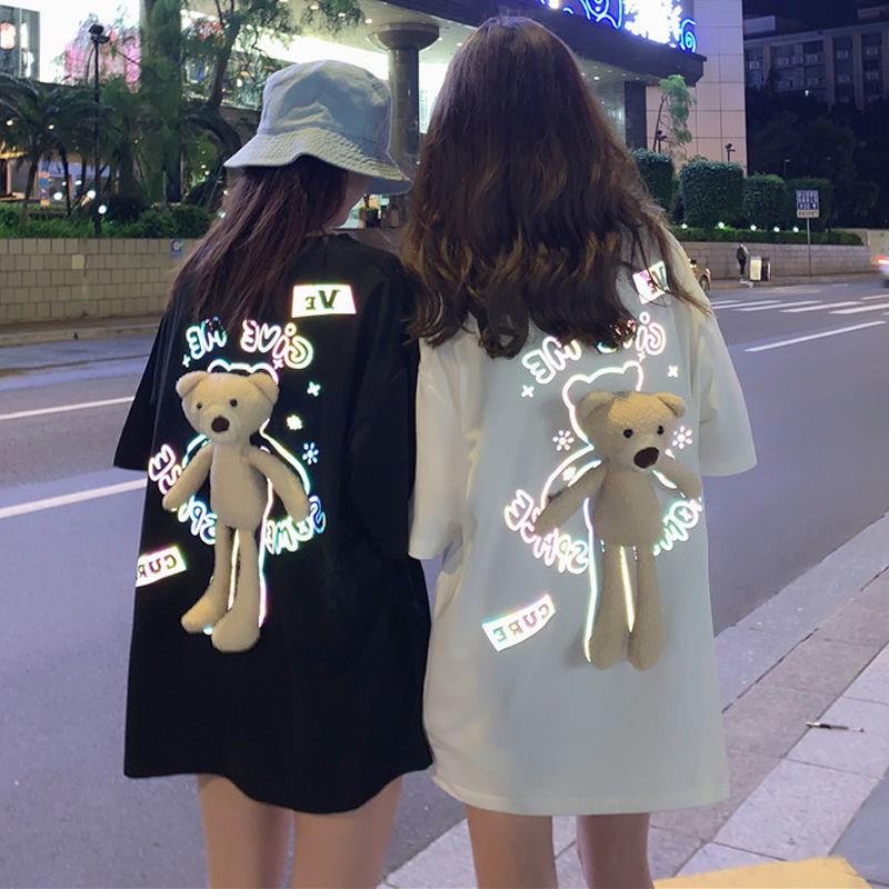 여자 티셔츠 가을 같은 반사 입체 곰 반팔 티셔츠 부모 자식 착용 옷 여성 in 여름 시원한