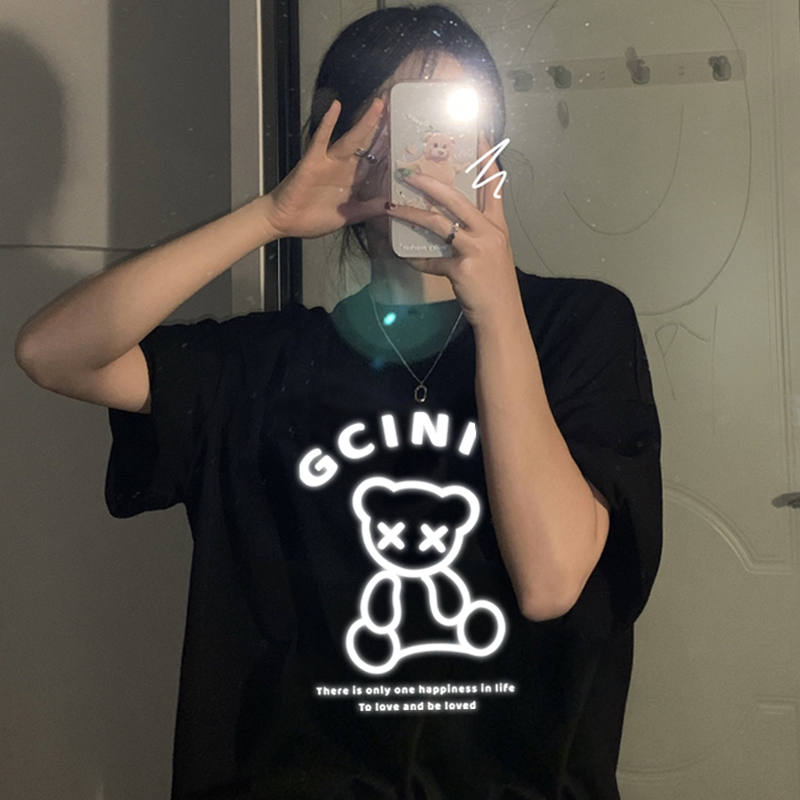 곰 반사 반팔 여성 여름 루즈핏 홍콩 스타일 인 슈퍼 파이어 티셔츠 여자 친구 복장