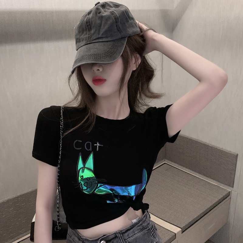 짧은 홍콩 스타일 블라우스 여성 봄 재미 반사 고양이 슬림 반팔 티셔츠 셔츠