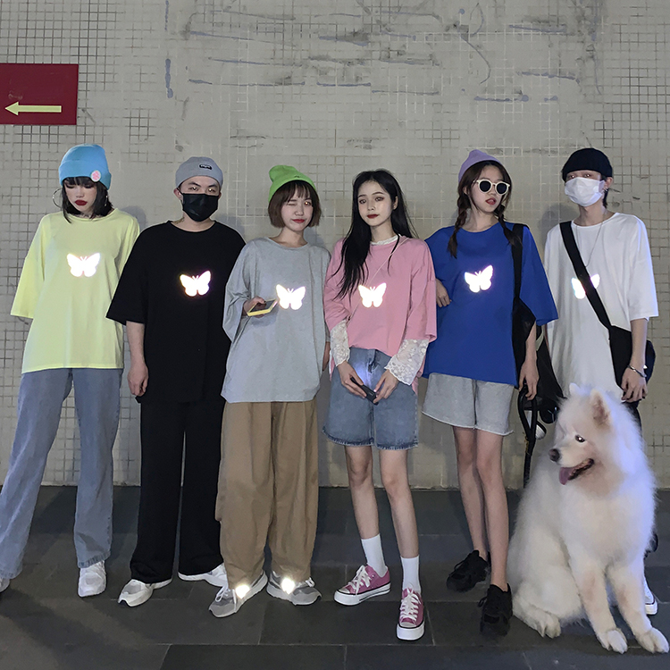 발광나비 반팔 여심 미러리스 학생 침실 엽기 자매룩 여름 박스 티셔츠