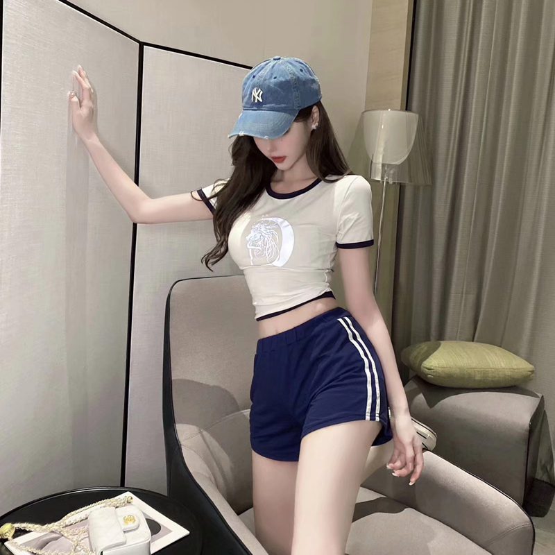스포츠 스타일 캐주얼 슈트 여성 반사 코팅 프린트 반팔 티셔츠 탑 반바지 투피스 슈트