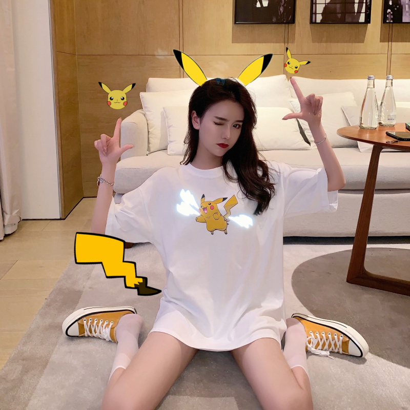 반사 피카추 반팔 티셔츠 여성 여름 인 슈퍼 파이어 야광 커플웨어 하라주쿠 포트 스타일 야광 상복