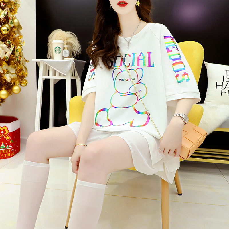 여름 신상 여성 닷컴 레드 색상의 투피스 미러곰 프린트 반팔 티셔츠