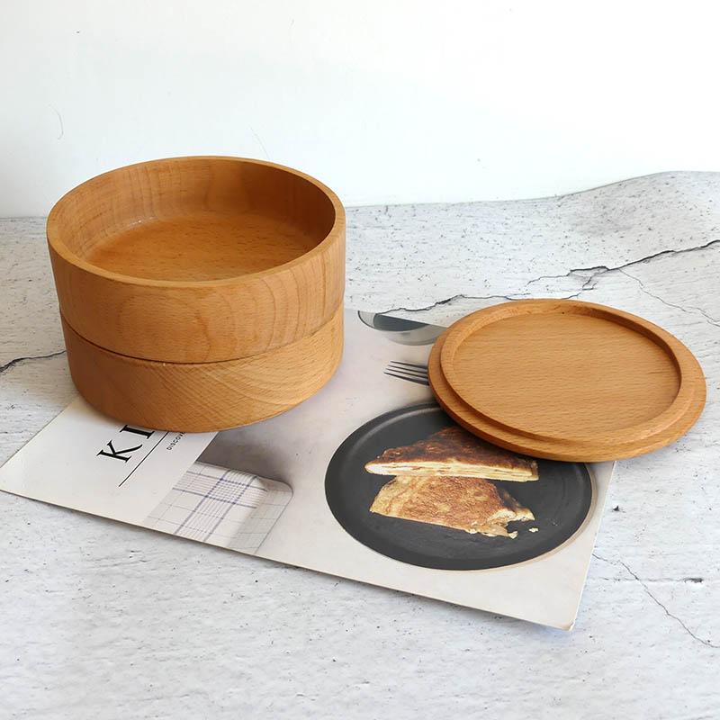 나무 그릇 라운드 스태킹 뚜껑이있는 다층 작은 도색되지 않은 접시 국수 피크닉 보관 상자 수프