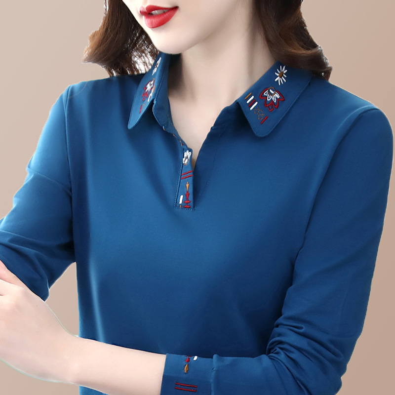 폴로 셔츠 여성용 긴팔 봄 가을 얇은면 옷깃 티셔츠 중년 어머니 가을 스포츠 탑