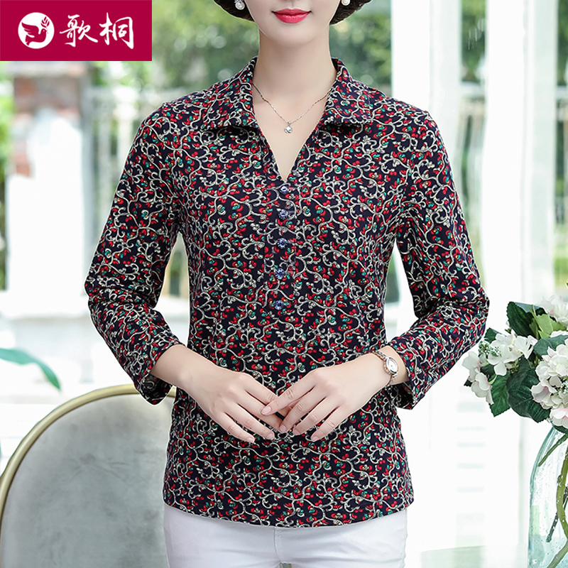 중장년 9점 소매 셔츠 어머니 드레스 플라워 여성용 라펠 탑 티셔츠 여성용 봄 가을 신작 빅사이즈