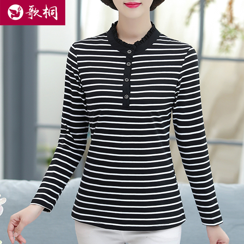 가을 어머니 착용면 스티칭 카라 긴팔 티셔츠 중년 및 노인 여성 스트라이프 루즈핏 빅사이즈 탑