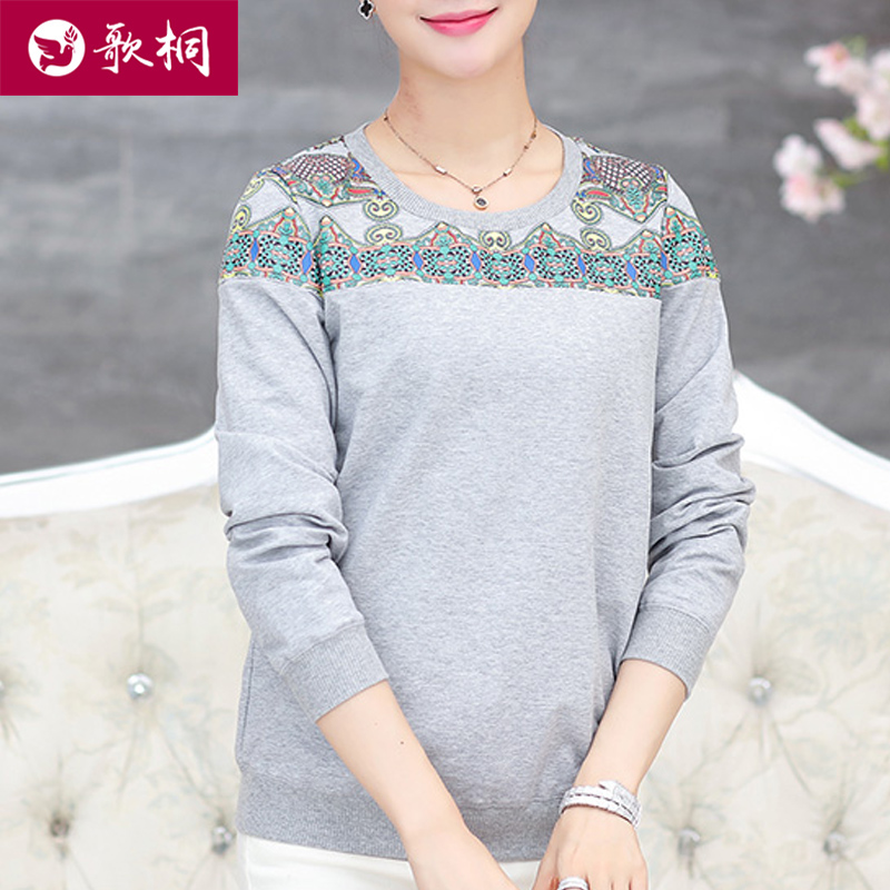 어머니위한 라운드넥 자수 긴팔 티셔츠, 봄 패션, 순수면, 중년 및 노인 여성 캐주얼 탑