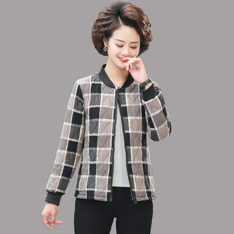 중년 및 노인 가을 겨울 체크 무늬 퀼트 면화 코트 숙녀 두꺼운 빈티지 쇼트 어머니 자켓 작은 패딩 여성