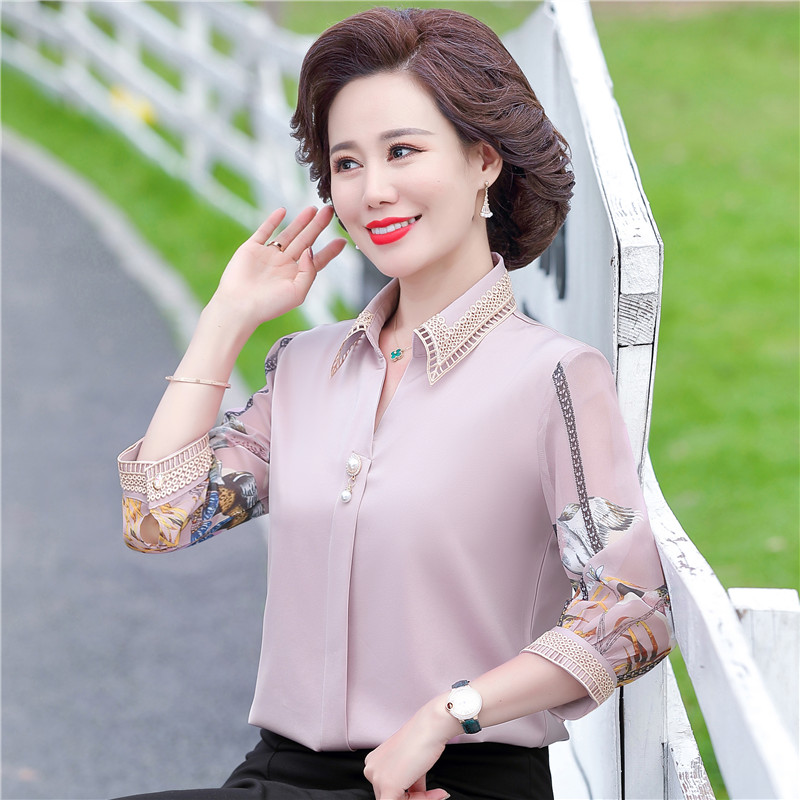 여름 아이스 실크 7 8/4 소매 어머니 셔츠 얇은 탑 옷 중년 여성 셔츠 긴팔 정장 7 티셔츠