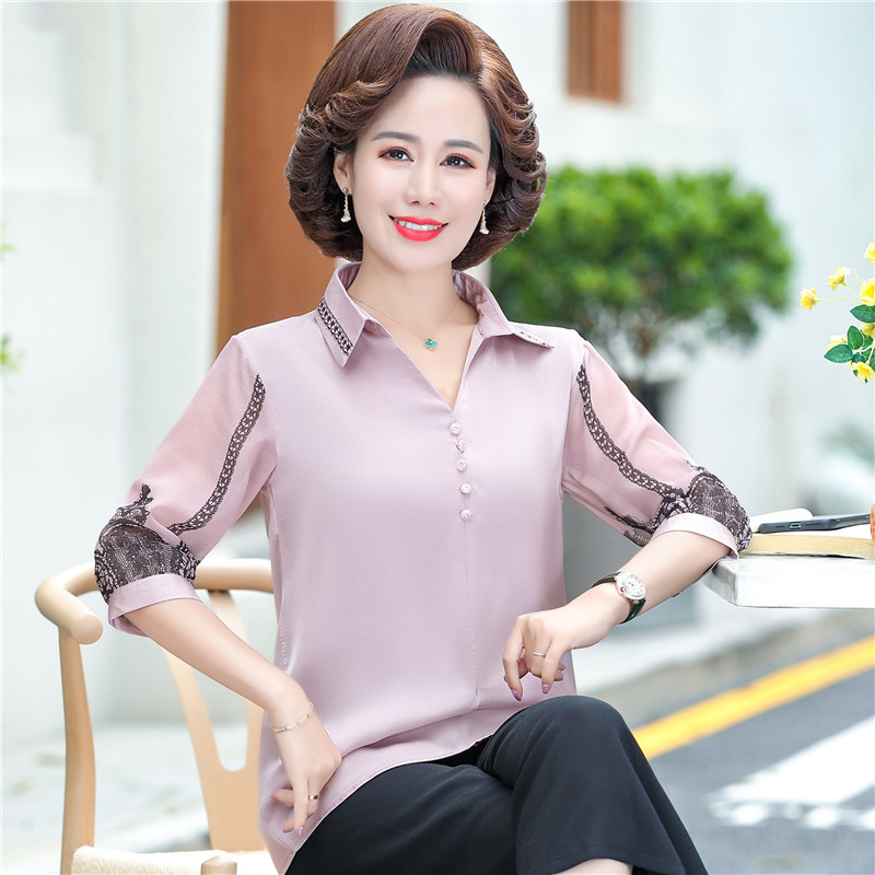 2o21 초가을 8/4 소매 중년 여성 어머니 쉬폰 셔츠 봄 가을 긴팔 칼라