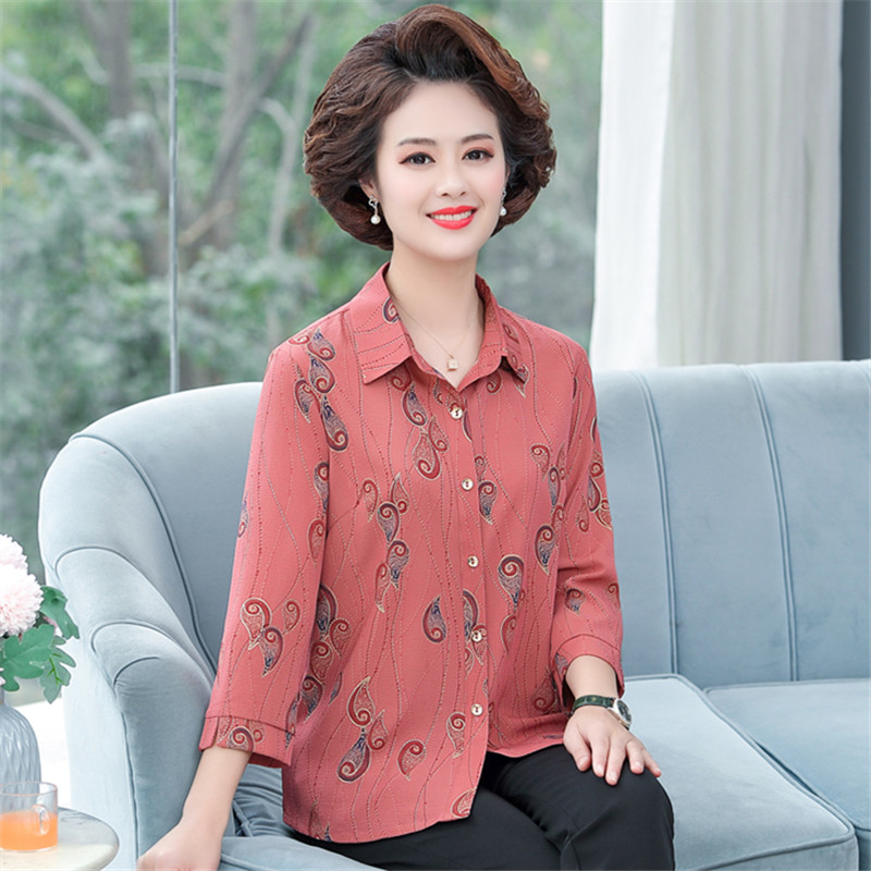 40세 50대 어머니 봄 여름 7부 소매 셔츠 루즈핏 탑 중년 및 여성 시뮬레이션 실크