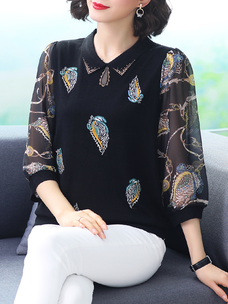 어머니 착용 신작 가을 옷 외국 스타일 중년 블라우스 봄 쉬폰 작은 셔츠