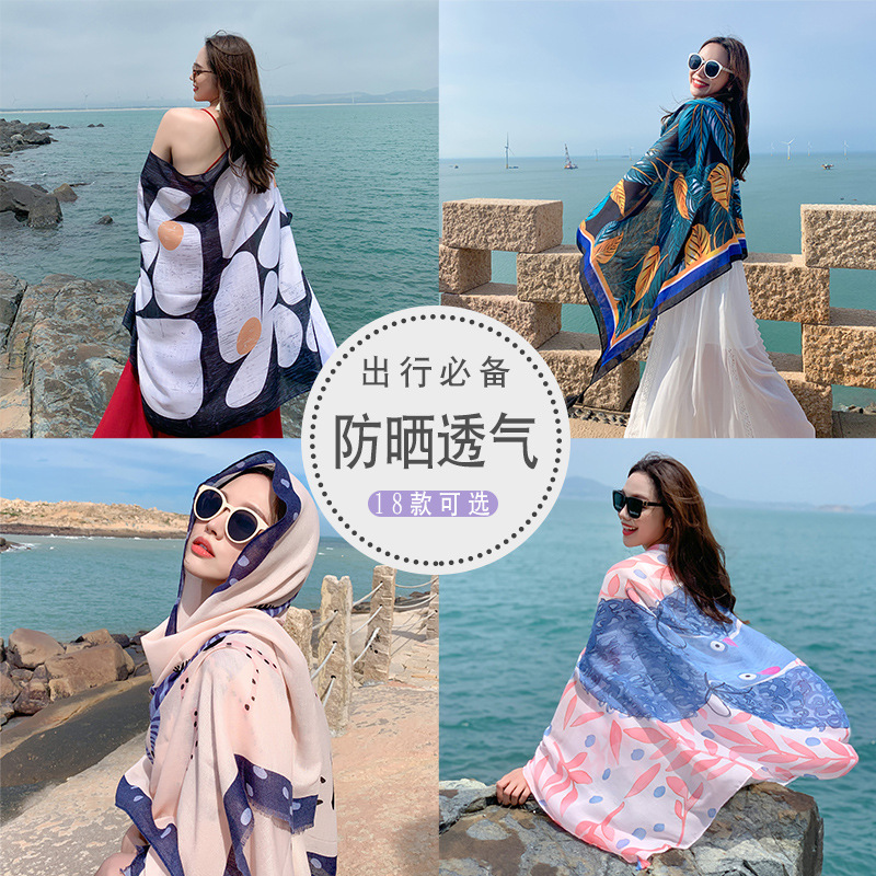 민족 스타일 실크 스카프 여성 여름 자외선 차단제 목도리 비치 패션 얇은 해변 여행 사진