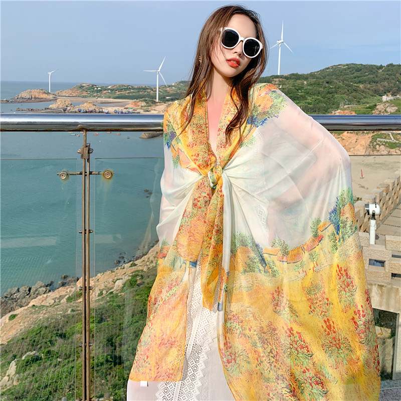 선 스크린 비치 타월 해변 실크 스카프 특대 사진 봄 가을 여름 목도리 이중 사용 거즈 여성 에어컨 방 얇은