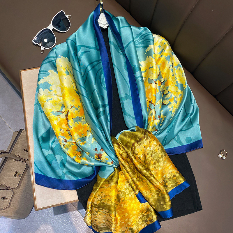 실크 스카프 여성 봄 가을 얇은 스타일 외국 자외선 차단제 긴 인쇄 시뮬레이션 목도리