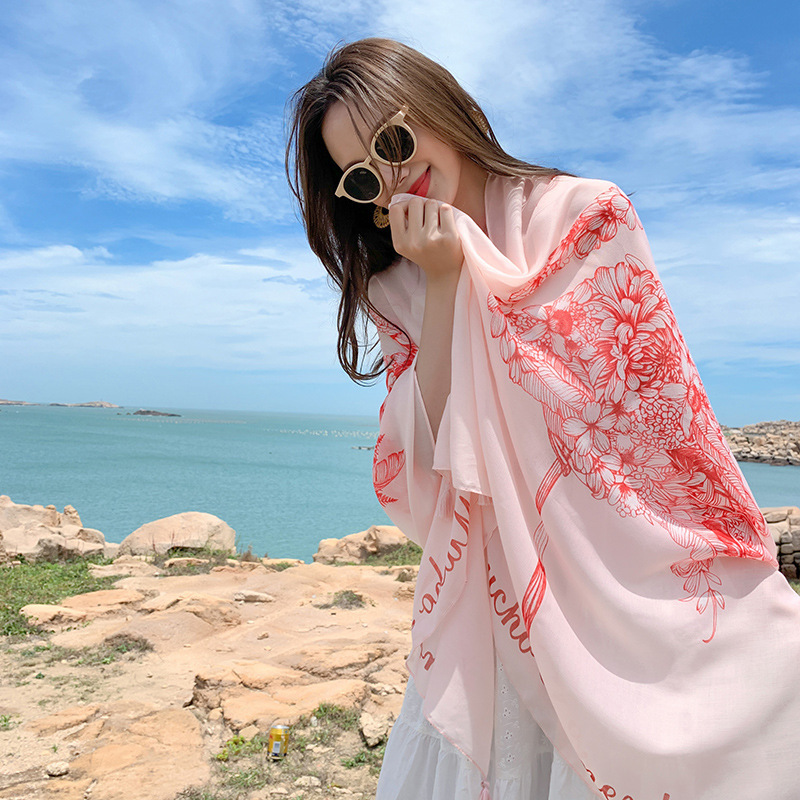 실크 스카프 해변 거즈와 핑크 민족 꽃 여행 자외선 차단제 목도리 여성 여름