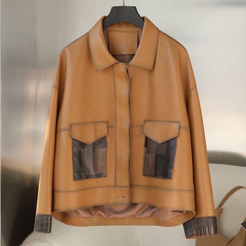 양가죽 거품 가죽 패션 캐주얼 쇼트 루즈핏 작은 자켓 점퍼 여성용 인쇄 가을