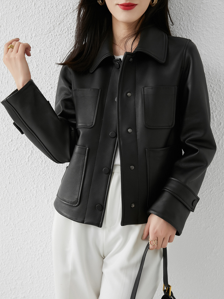 2021 가을 겨울 새로운 양 가죽 스퀘어 칼라 패션 짧은 재킷 여성 유행 잘 생긴 가죽 작은 가죽 가죽 재킷