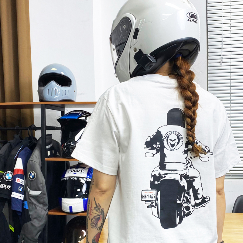 돼지 Luo Ji 유럽과 미국 오토바이 반팔 티셔츠 빈티지 할리 악마 라이더 Ami Kaji 인쇄