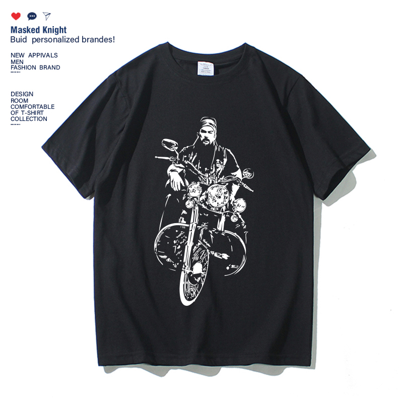 여름 국가 조수 Guan 공 타고 할리 오토바이 오토바이 인쇄 티셔츠 반팔 남성 중국 스타일 학생 셔츠 옷