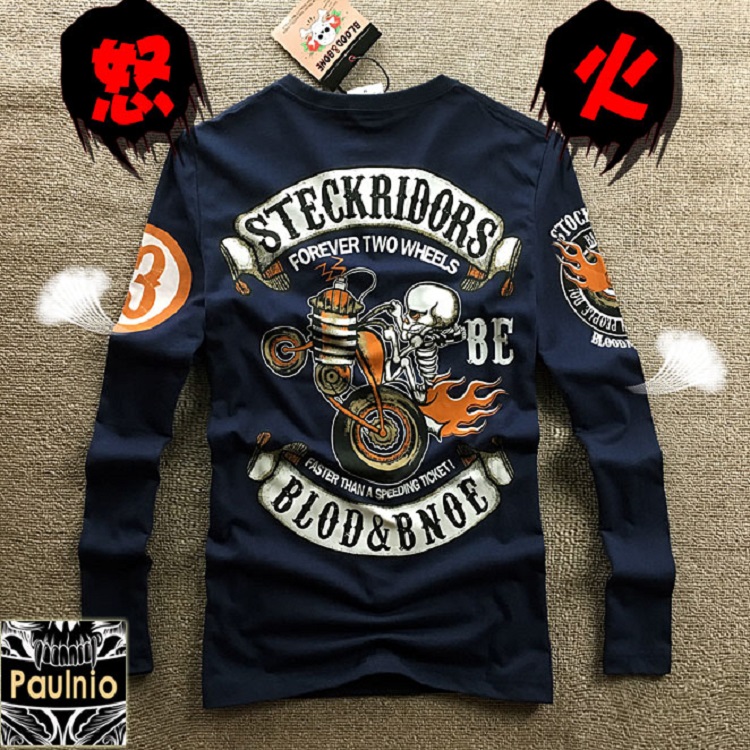 홍콩 패션 브랜드 구매 일본 Harley-Davidson 오토바이 해골 인쇄 스타일 긴팔 티셔츠 남성 입문서 하라주쿠