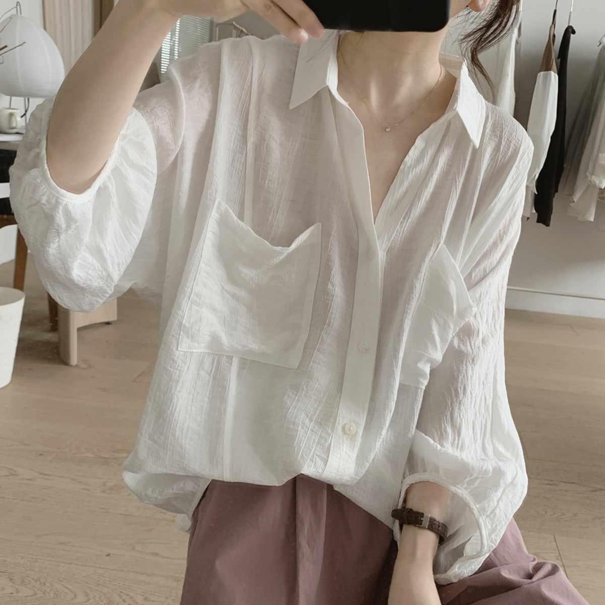 일본 구매 SLY 랜턴 슬리브 셔츠 여성용 여름 7부소매 느슨한 대형 얇은 박쥐 썬크림 셔츠