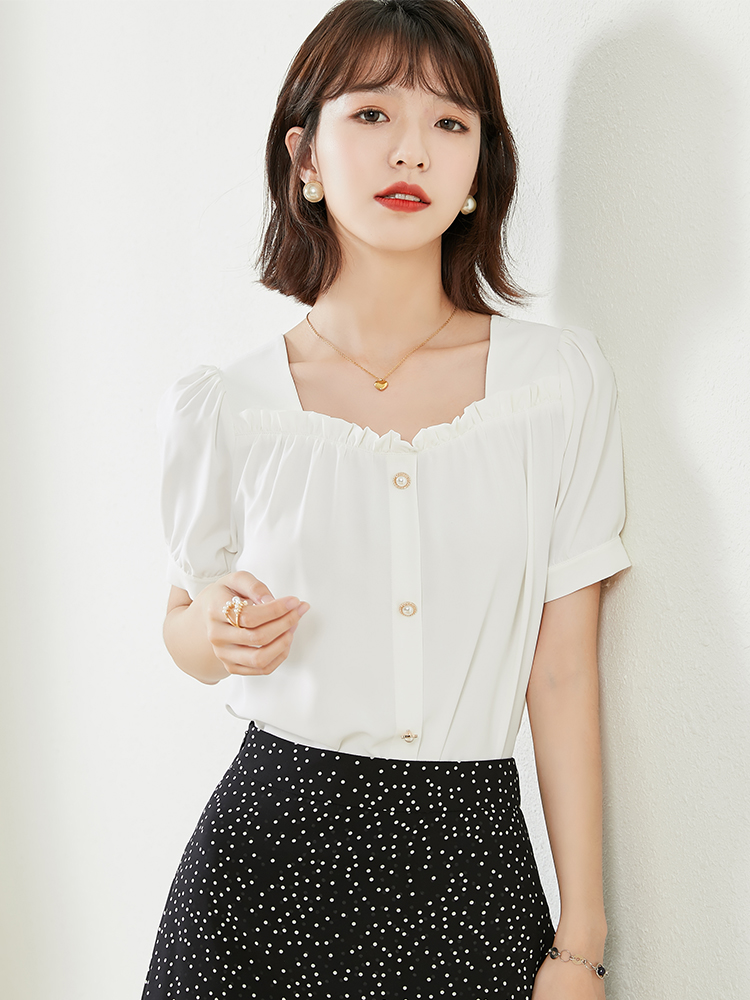 흰색 반팔 쉬폰 셔츠 여성용 한국식 스퀘어 넥 셔츠 짧은 얇은 셔츠 탑 2022 여름 새로운 트렌드