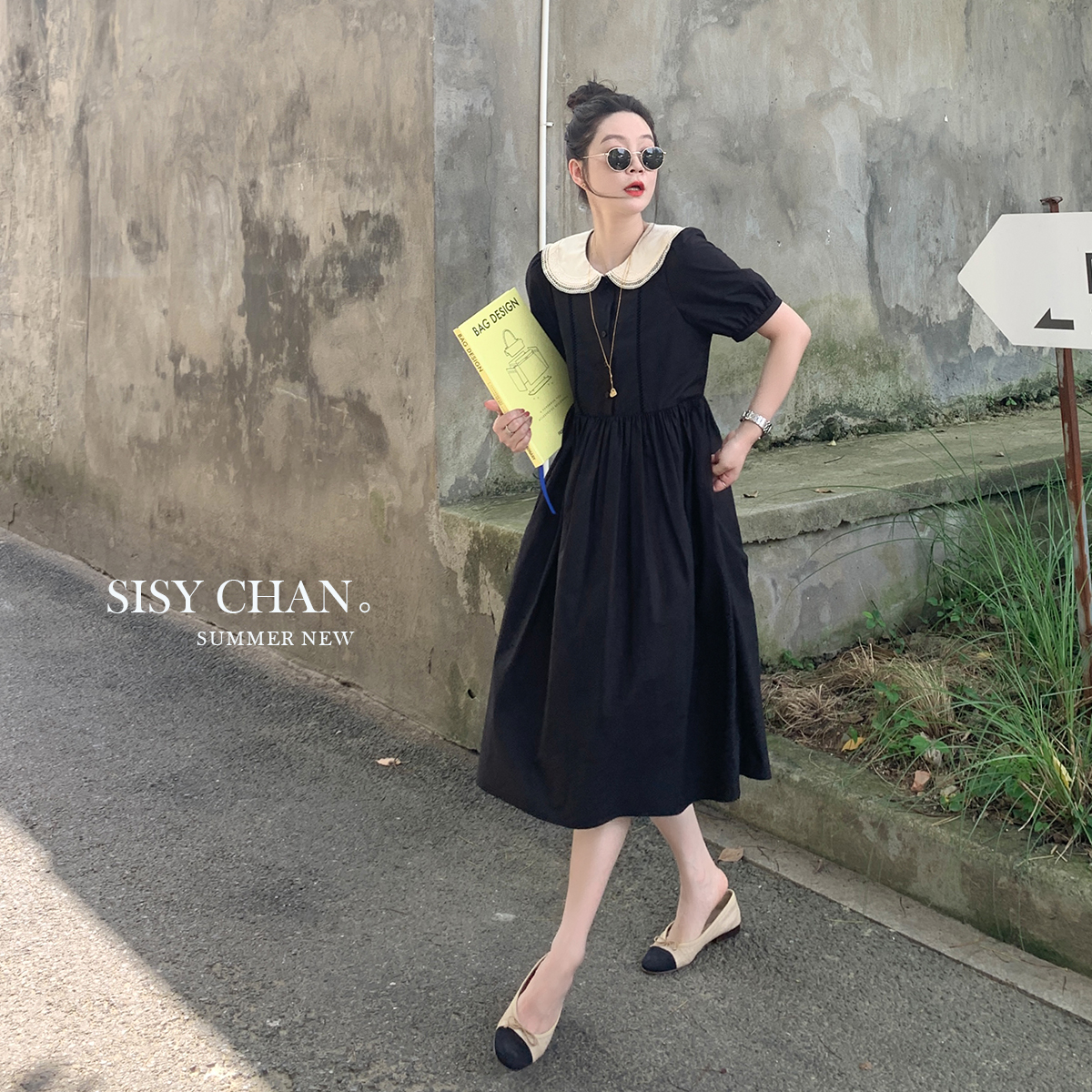 Libeline sisy 프랑스 스타일 허리와 얇은 검은 색 반팔 드레스 여성용 여름 기질 인형 칼라 폴카 도트 드레스