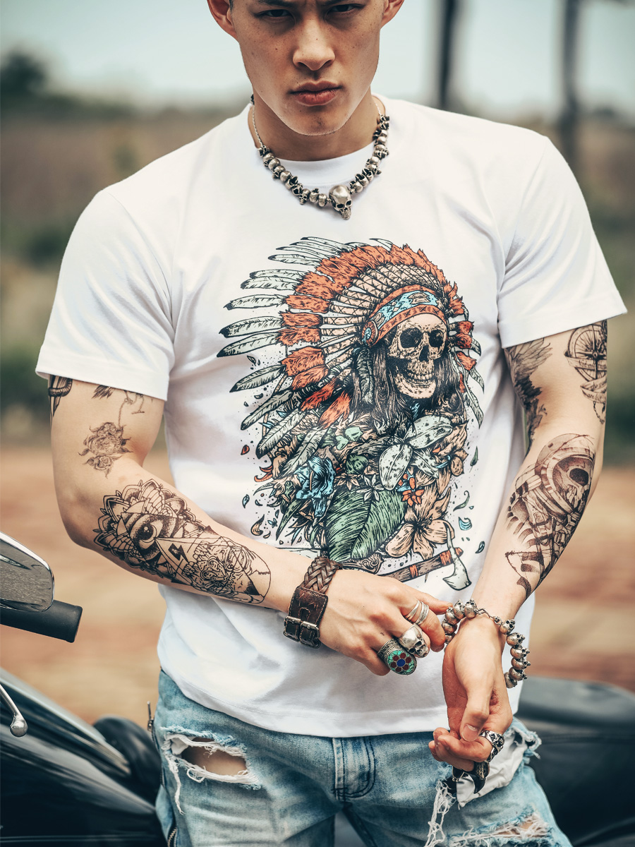 유럽과 미국 스타일의 서양 록 밴드 해골 머리 헤비메탈 면 반팔 티셔츠 남성 민족 인도 머리 초상화