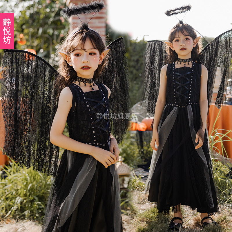 할로윈 어린이 다크 엔젤 뱀파이어 코스프레 의상 블랙 엘프 악마 여성 쇼 드레스