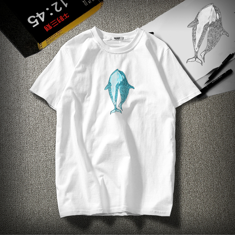 무료 고래 여름 남성용 면 반팔 티셔츠 트렌드 일본과 버전 박시 라운드넥