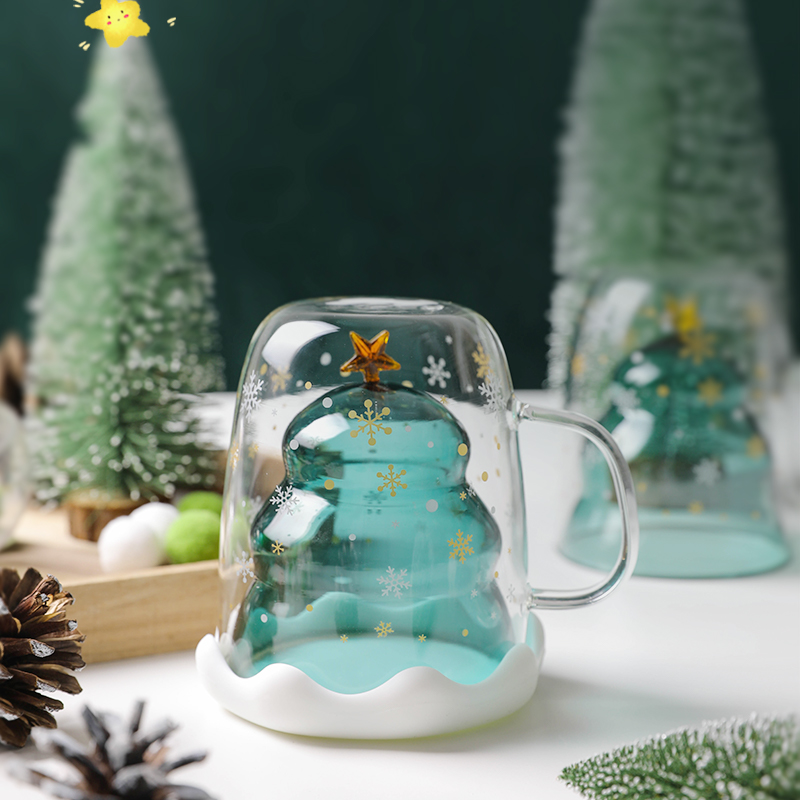 Siyue 크리 에이 티브 크리스마스 컵 귀여운 더블 레이어 여성 고가 선물 뚜껑 유리가있는 물 소원