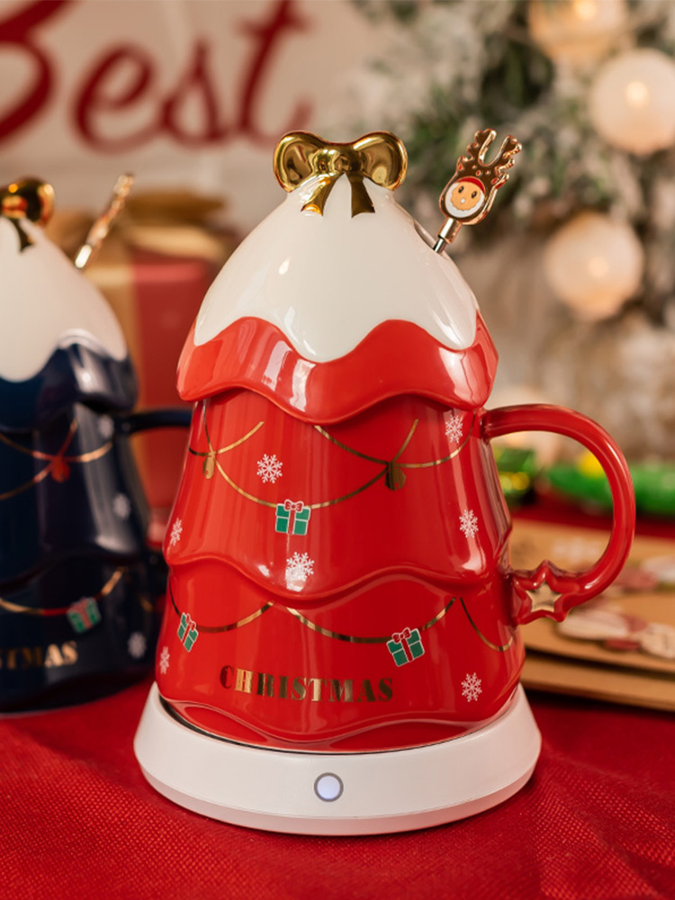 크리 에이 티브 크리스마스 트리 세라믹 컵 55도 절연 머그 뚜껑 숟가락 성격 따뜻한 가정용 뜨거운 우유 물