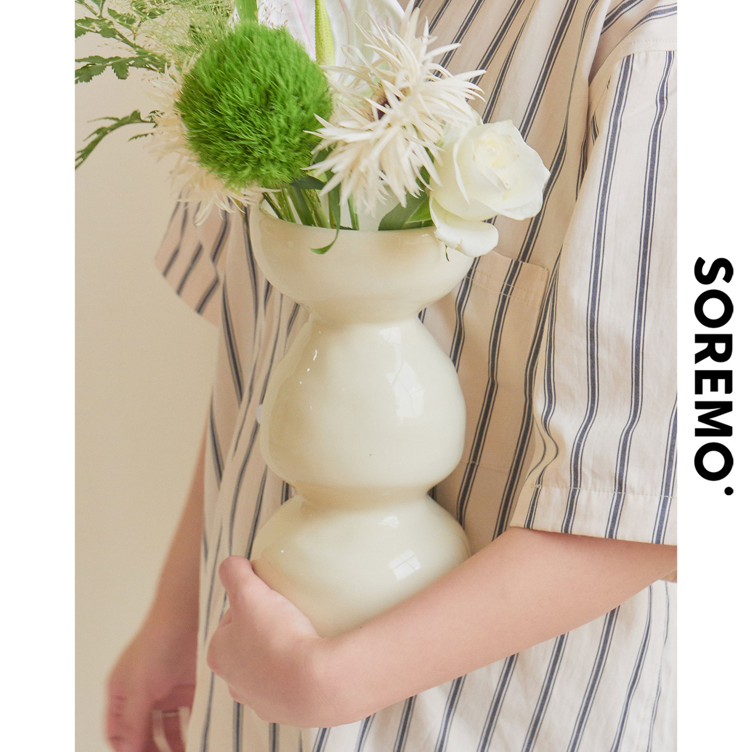 SOREMO 새로운 색상 크림 웨이브 꽃병 세라믹 귀여운 박 꽃 장치 모델 룸 홈스테이 선물