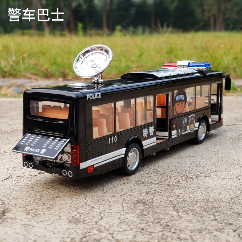 Jiaye 합금 사운드 및 라이트 버스 시뮬레이션 경찰차 공공 보안 자동차 장난감 오픈 도어 모델
