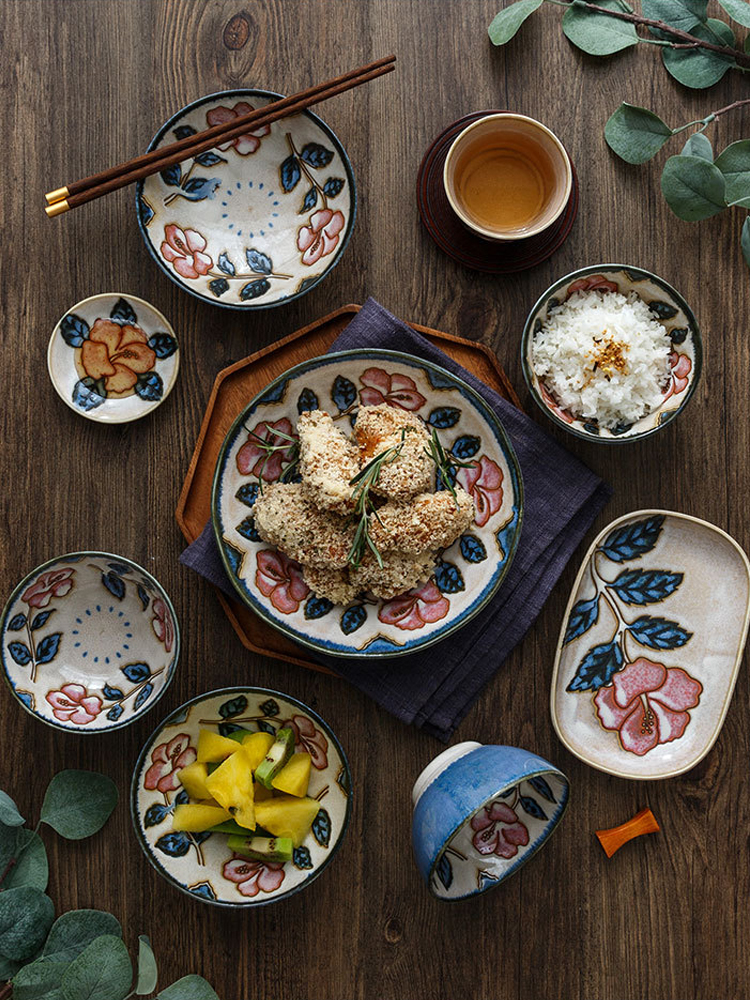미노 번 일본 수입 식기와 바람 오키나와 장미 도자기 그릇 접시 가정 조합 세트 밥