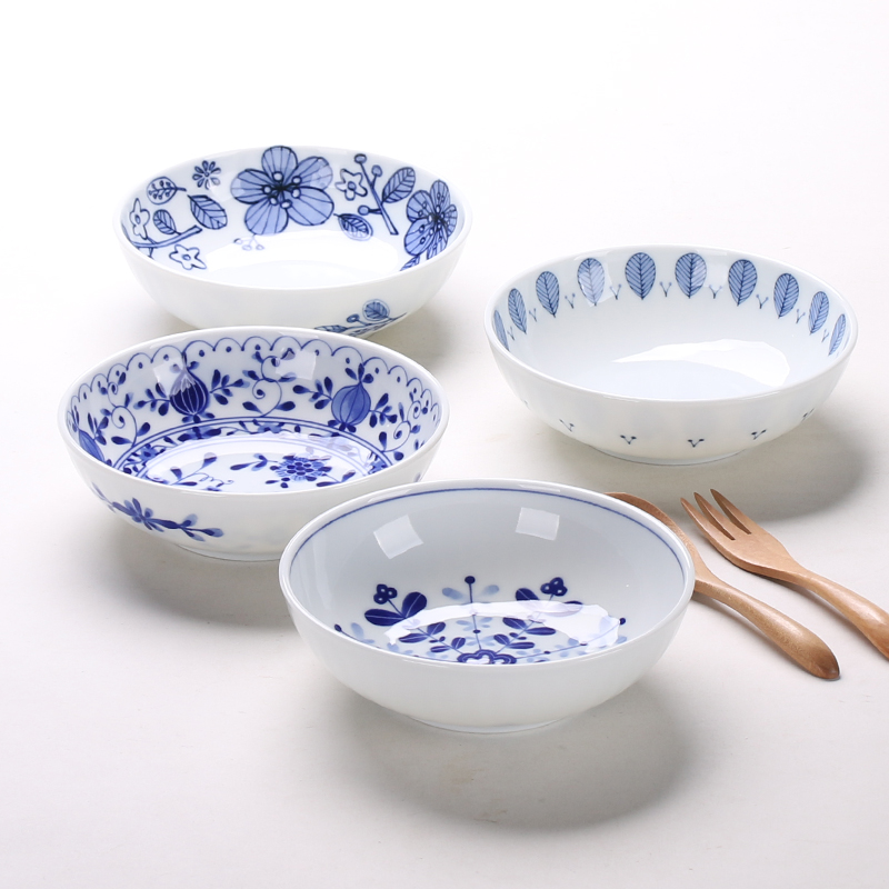 일본 수입 도자기 그릇 낮은 그릇 작은 야채 그릇 일본 underglaze 컬러 식기 파란색과 흰색 도자기 작은 신선한 꽃